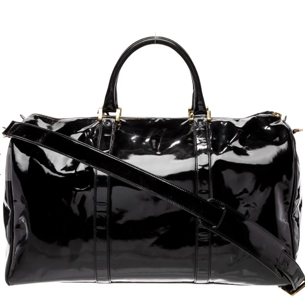 Vintage CHANEL CC Logo Patent Leather Duffel Travel Bag Black